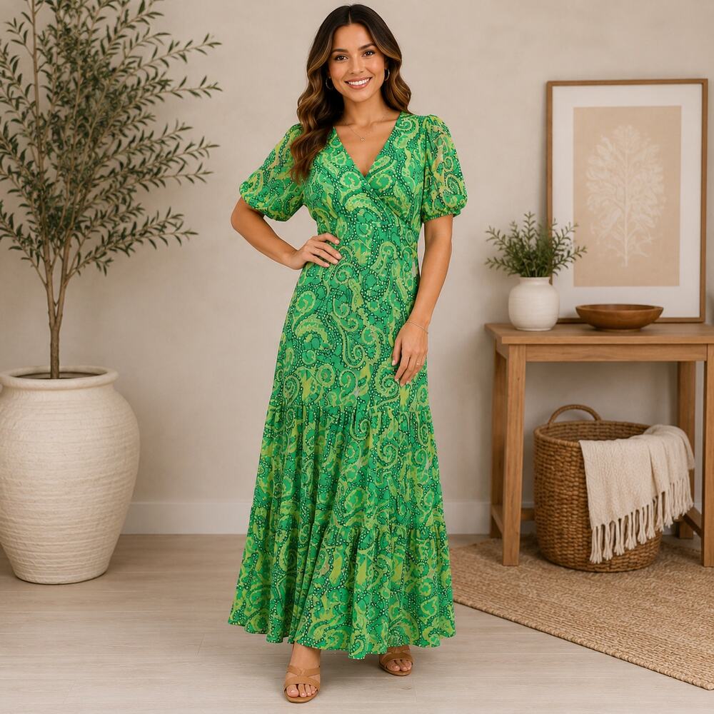 Harlow & Rose Green Paisley Maxi Dress Size L Mesh Puff Sleeve Tiered Boho Fairy
